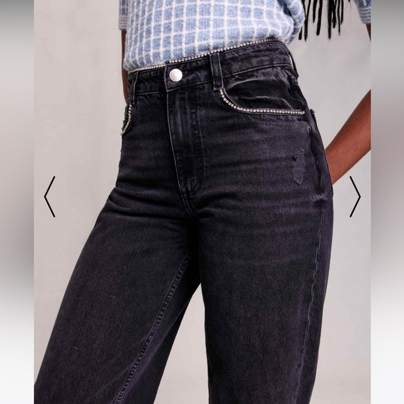 NWT Maje “Diamond” Black Wide Leg Jeans w Rhinestone Trim—missing rhinestones - Picture 5 of 16